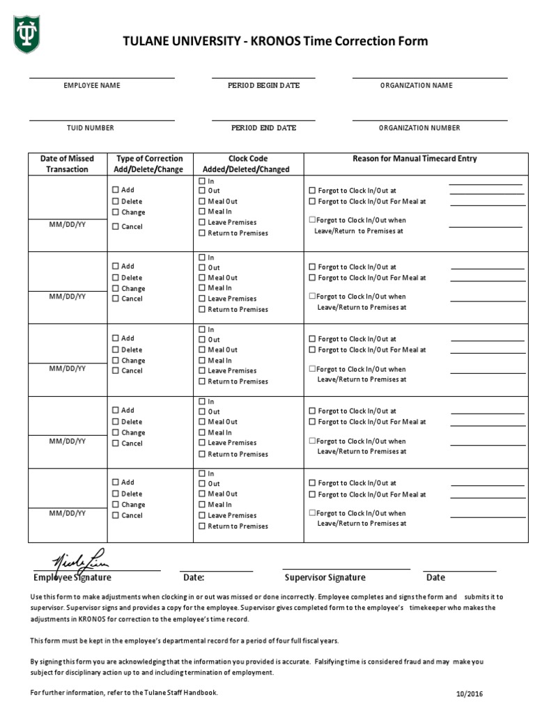 TULANE UNIVERSITY - KRONOS Time Correction Form | PDF | Business | Business