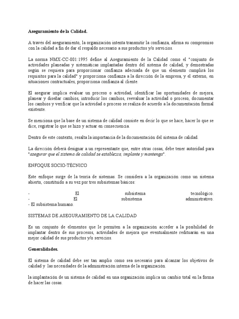 Aseguramiento de la Calidad en Organizaciones | PDF | Calidad ...
