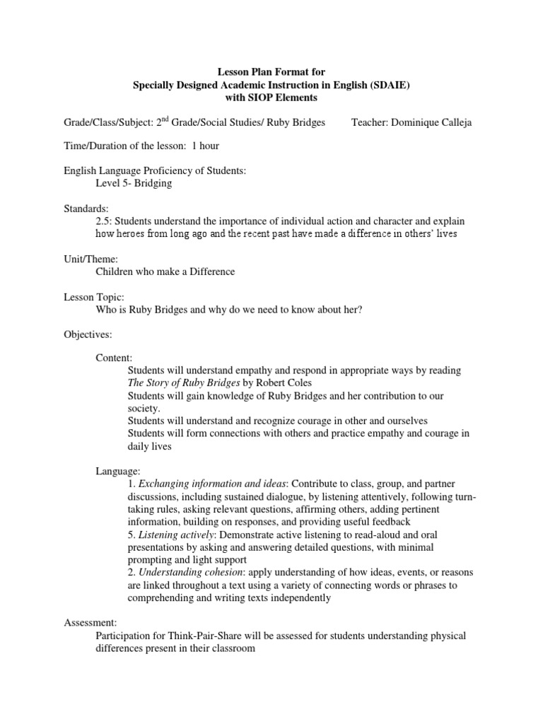 Lesson Plan Format For Specially Designed Academic Instruction in ...