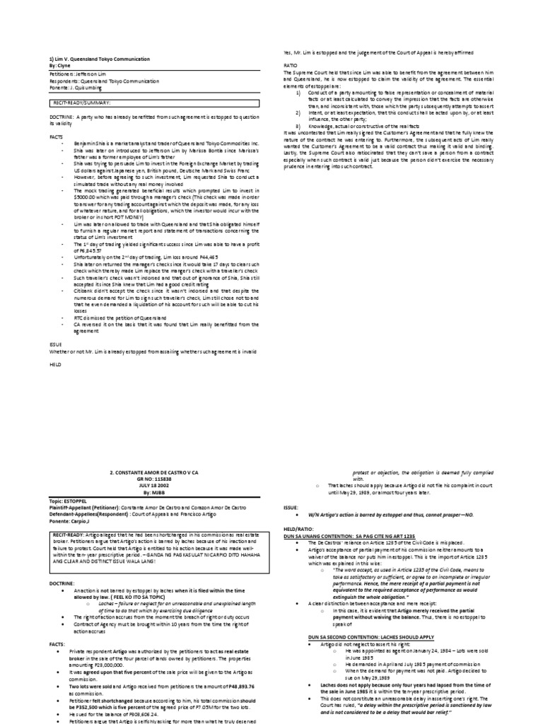 Oblicon Week 14 PDF Laches (Equity) Estoppel