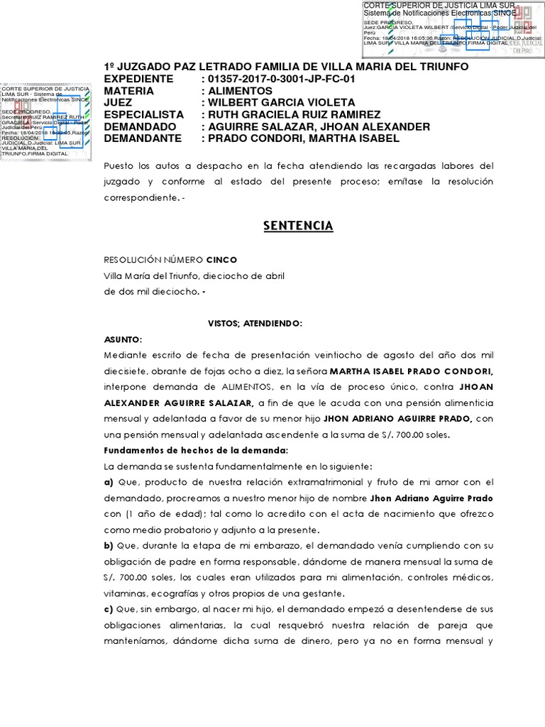 Sentencia de Alimentos PDF Debido al proceso Demanda judicial