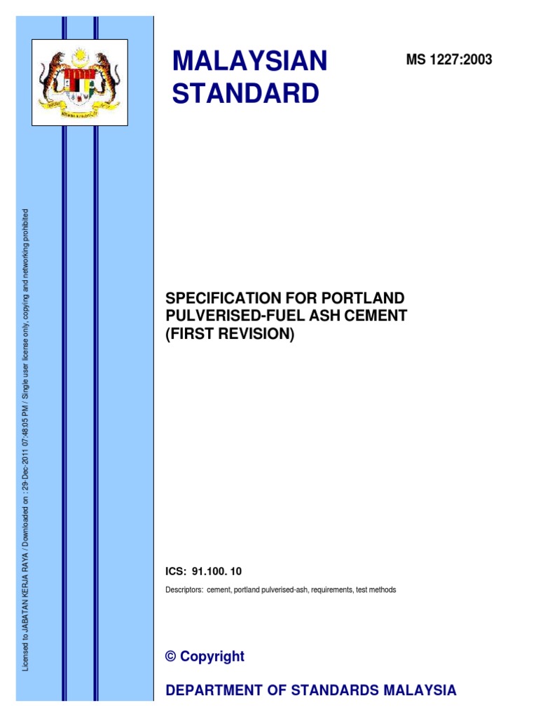 MS 1227-2003 Specification For Portland Pulverized Fuel Ash Cement (1st ...