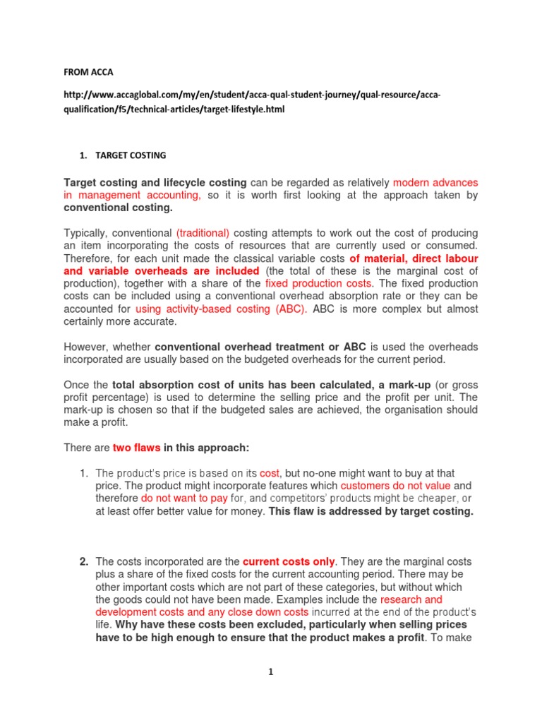 CHAPTER 8D Target Costing and Life Cycle Costing Notes | PDF ...