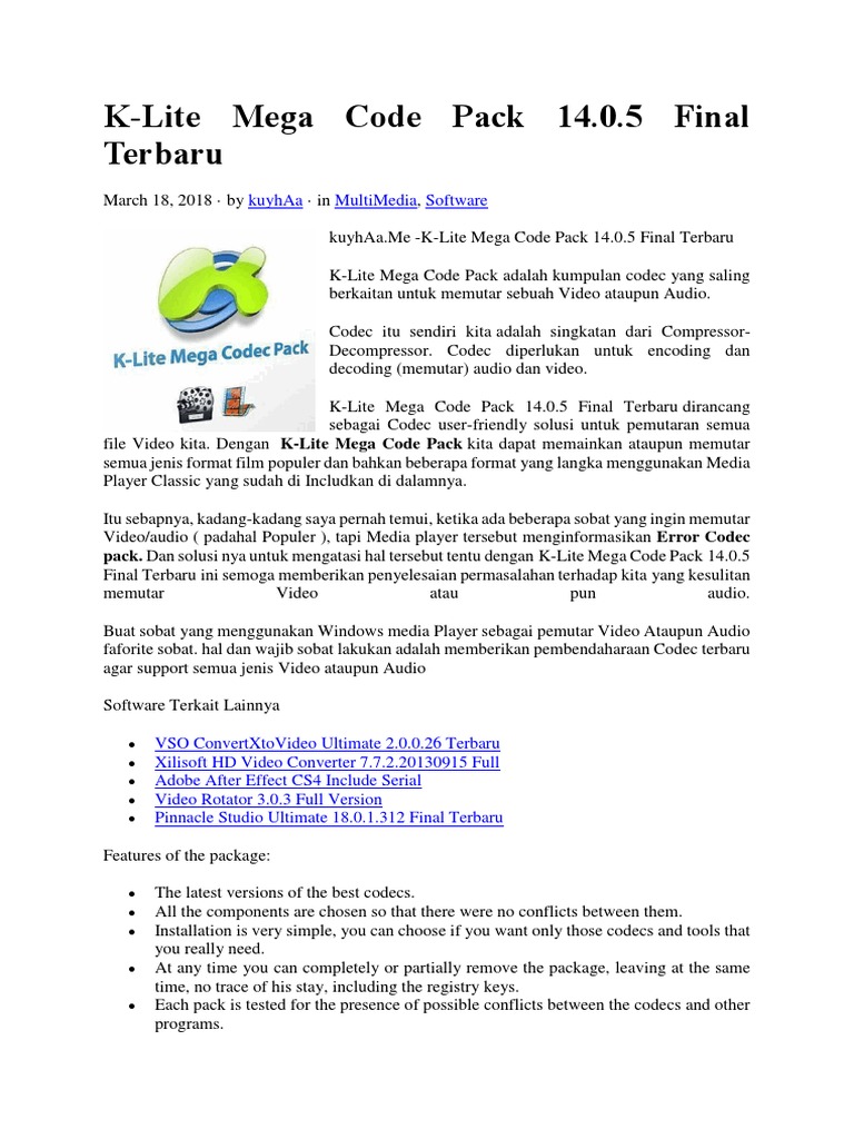 K Lite Mega Code Pack 14 0 5 Final Terbaru Docx
