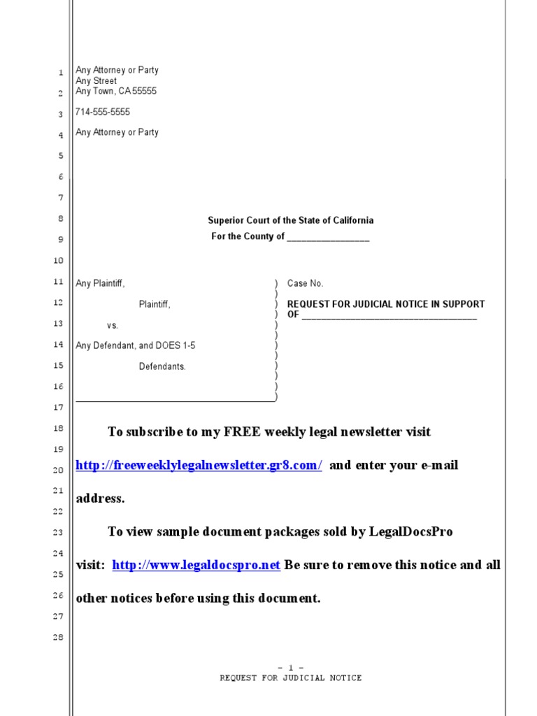Sample Request for Judicial Notice for California Mail Demurrer
