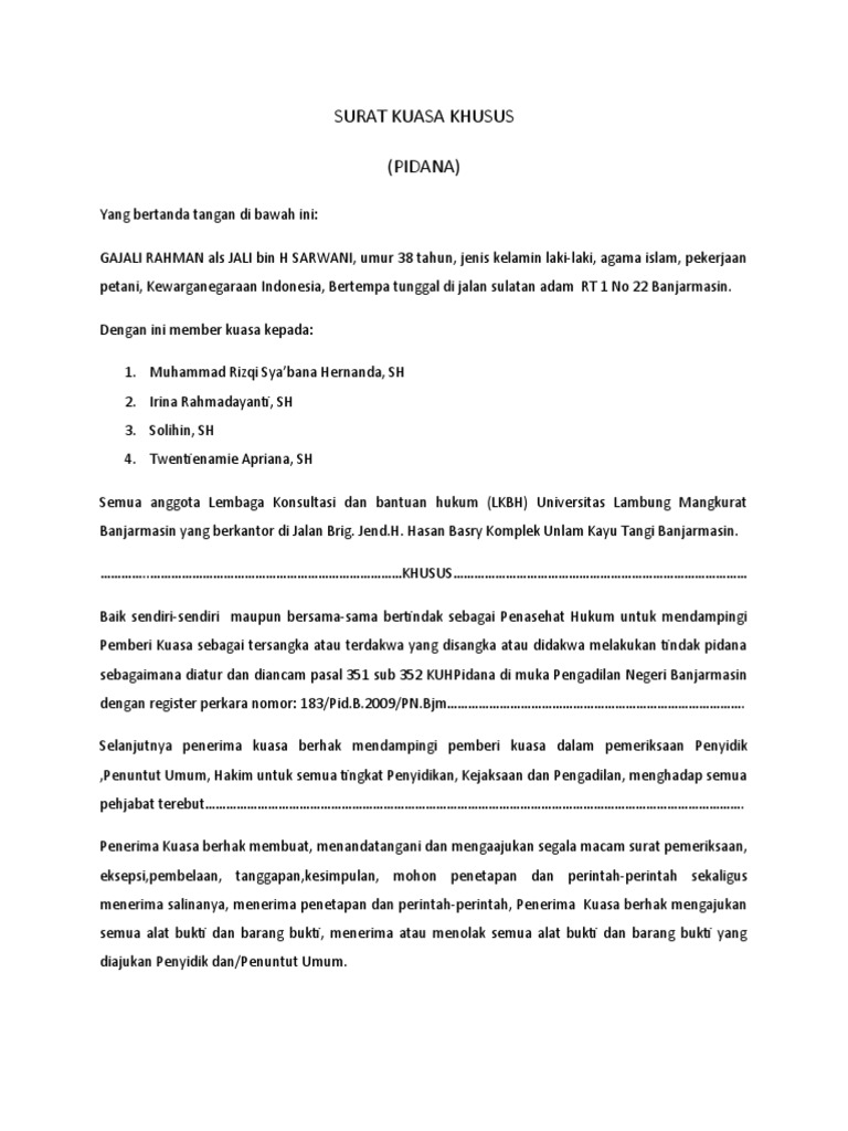 Surat Kuasa Khusus (Pidana)