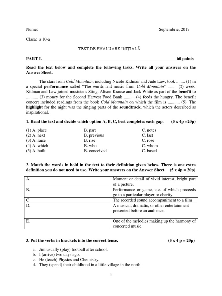 Test Initial Clasa A 10-A | PDF | Cognition | Linguistics