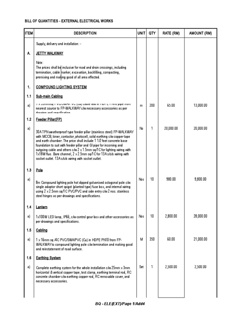 Bill of Quantities for Electrical Works | PDF | Electrical Wiring ...