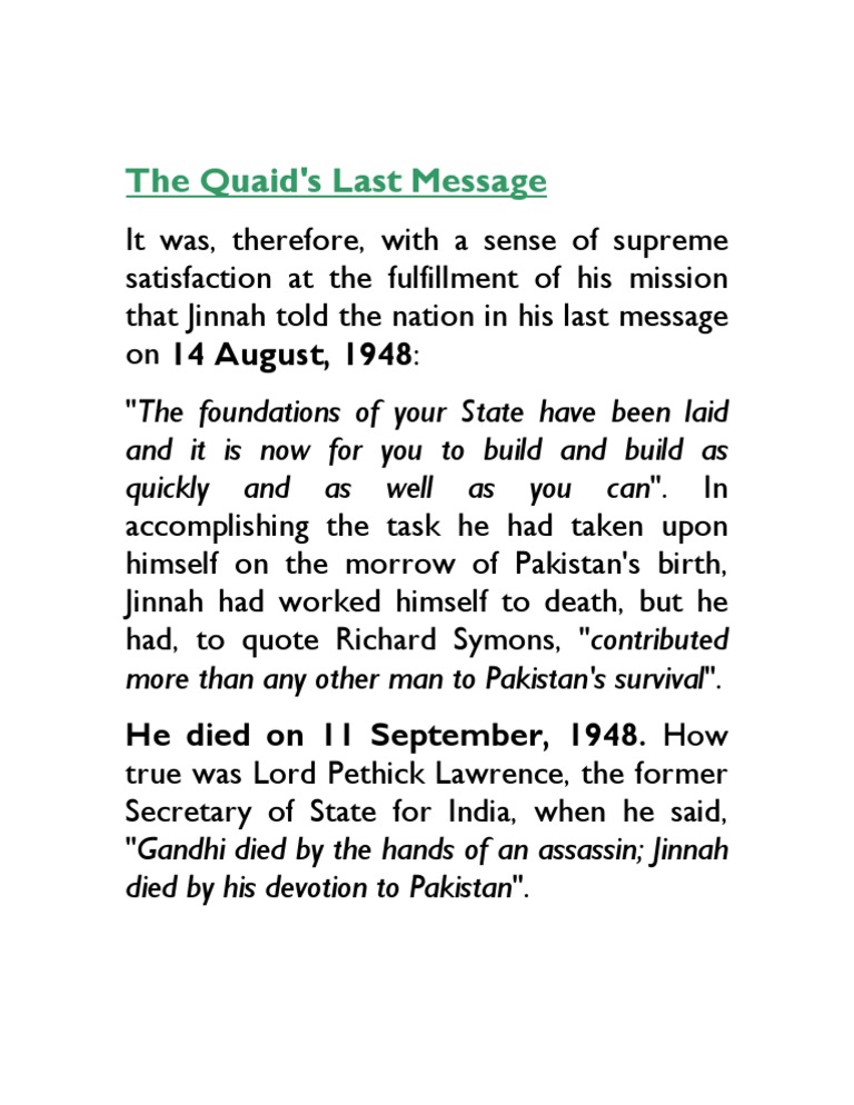 Quaid-e-Azam's Last Message | PDF