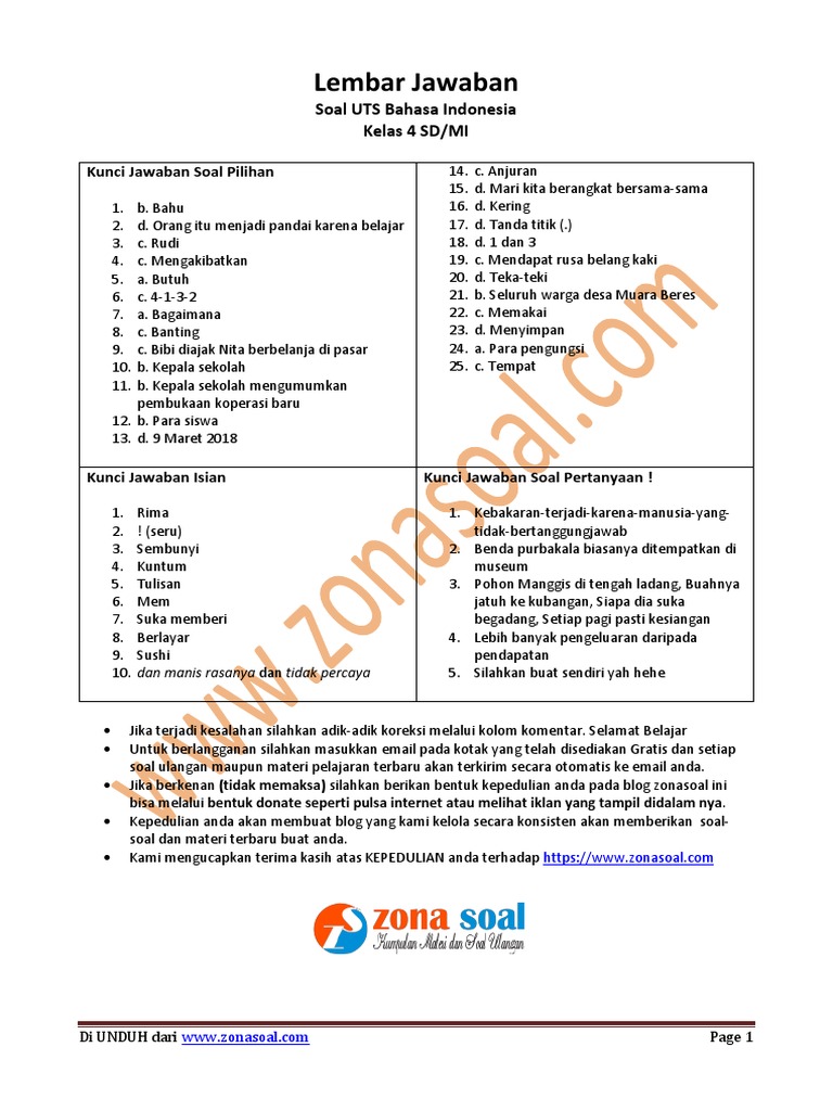Kunci Jawaban Uts Kelas 4 Semester 2