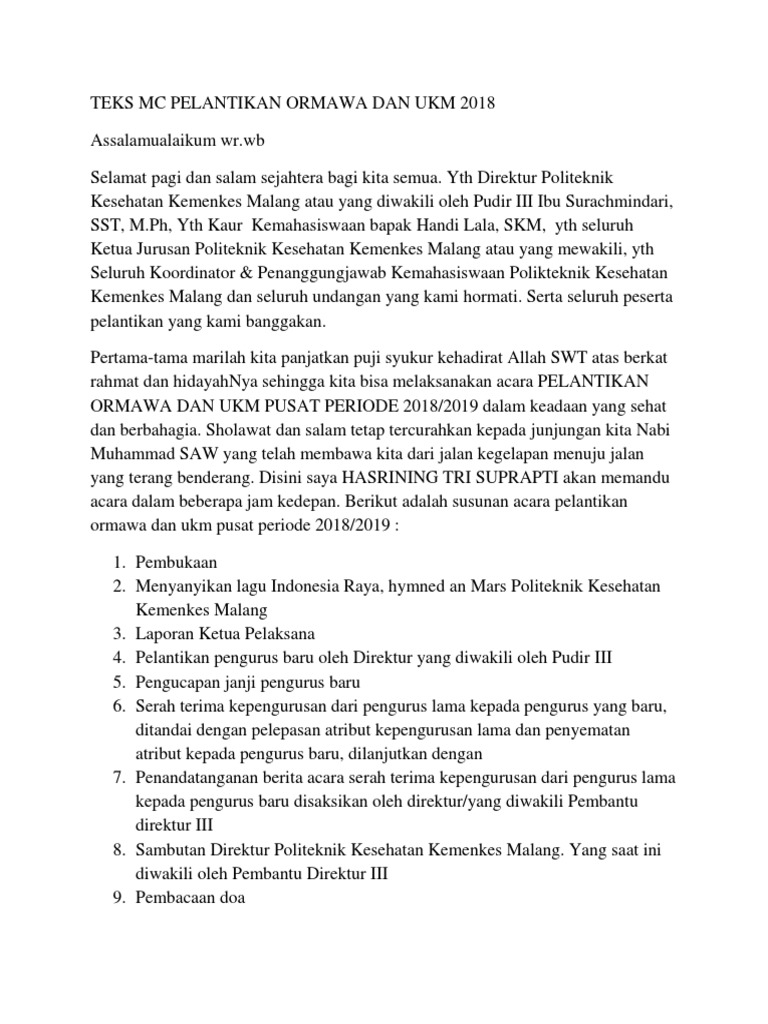 Teks Mc Pelantikan Ormawa Dan Ukm 2018