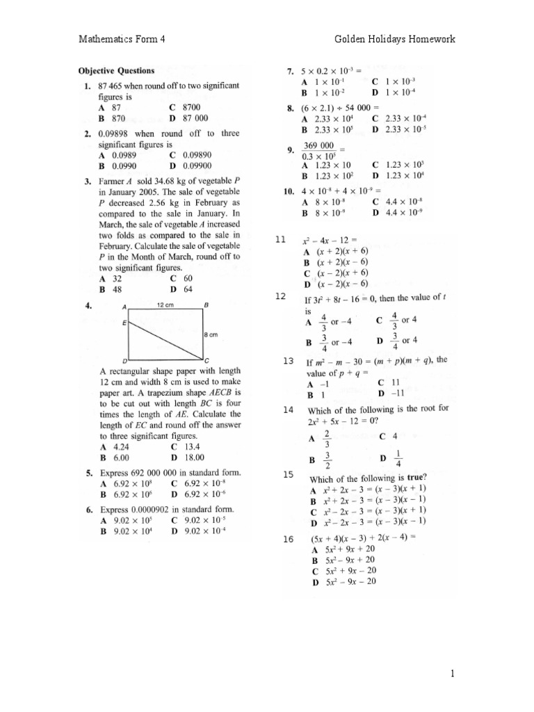 Form 4 Mathematics Holiday Homework | PDF