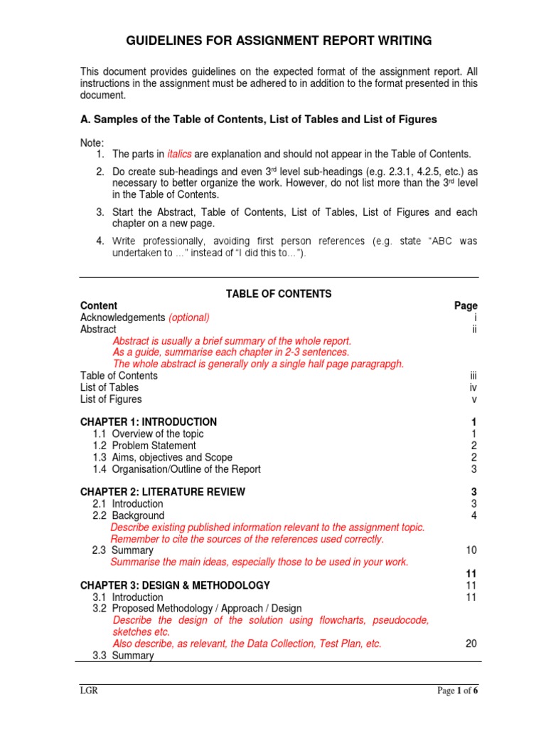 Guidelines For Assignment Report Writing A. Samples of The Table of