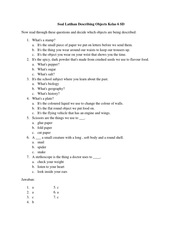 Soal Latihan Describing Objects Kelas 6 Sd