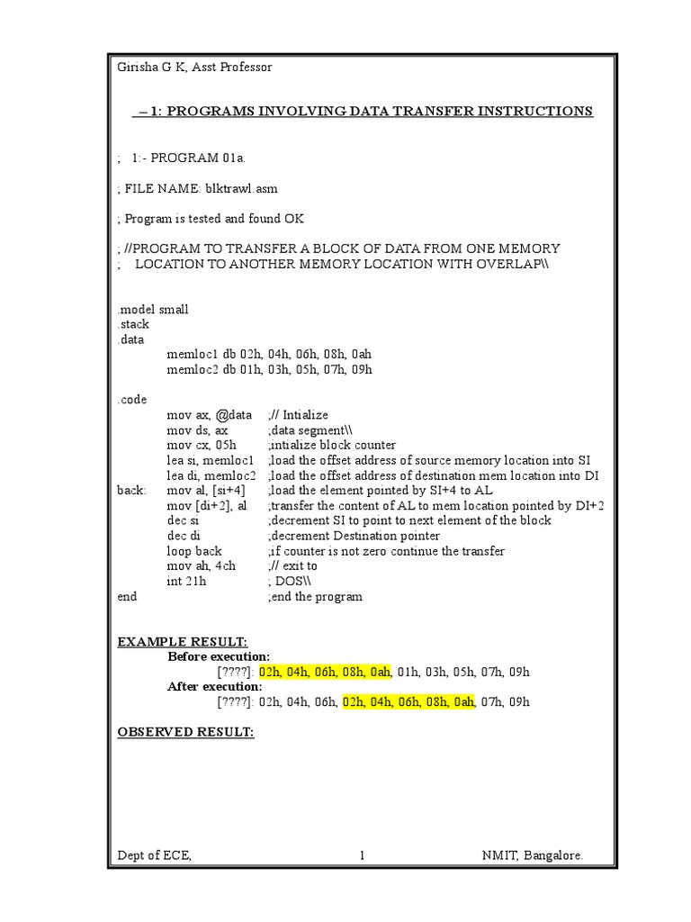 1: Programs Involving Data Transfer Instructions: Example Result ...