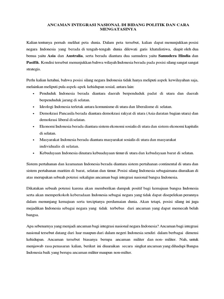 Ancaman Integrasi Nasional Dibidang Politik Dan Strategi
