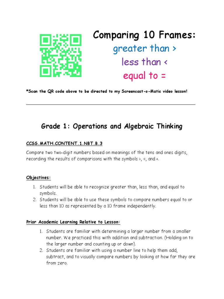 Comparing 10 Frames Screencast Lesson | PDF