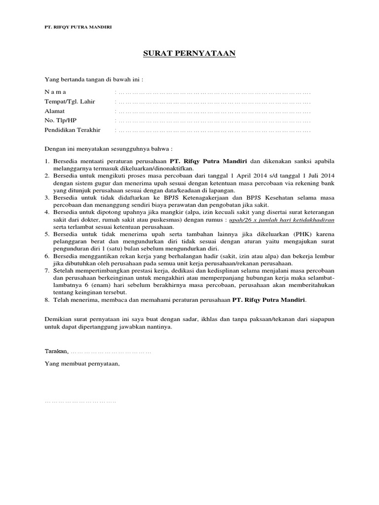 Surat Pernyataan Masa Percobaan Pdf
