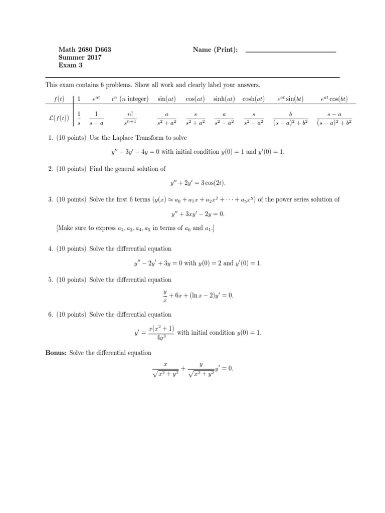 Math 2680 Exam 3 Solutions Guide | PDF