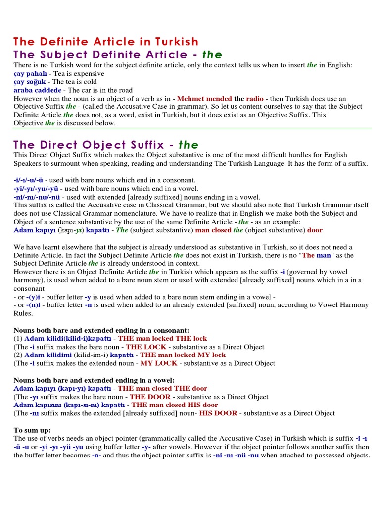 Turkish Definite and Indefinite Articles | PDF | Noun | Grammatical Gender