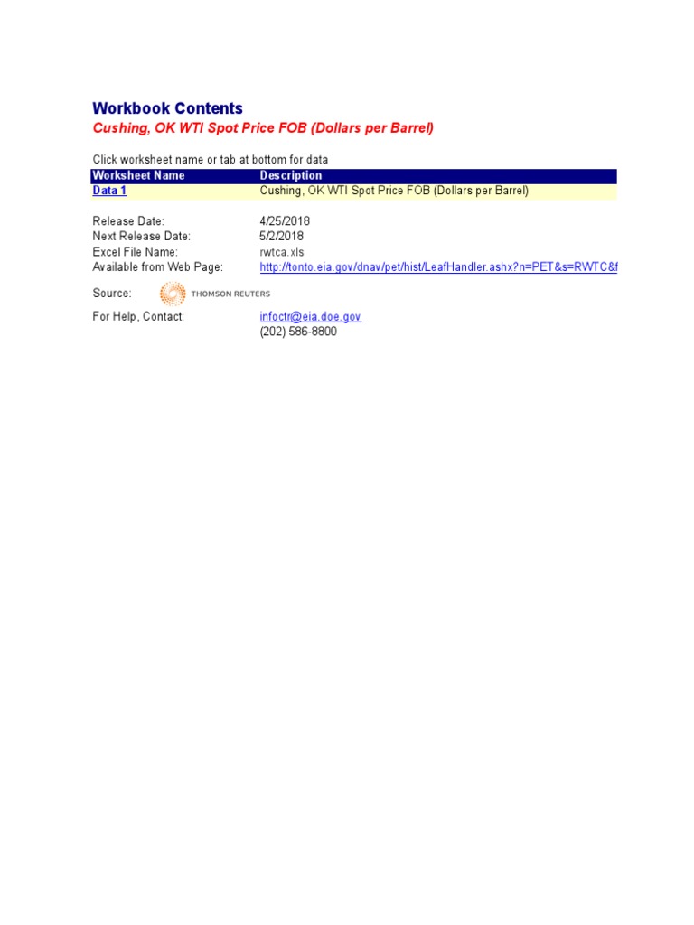 Workbook Contents Cushing, OK WTI Spot Price FOB (Dollars Per Barrel
