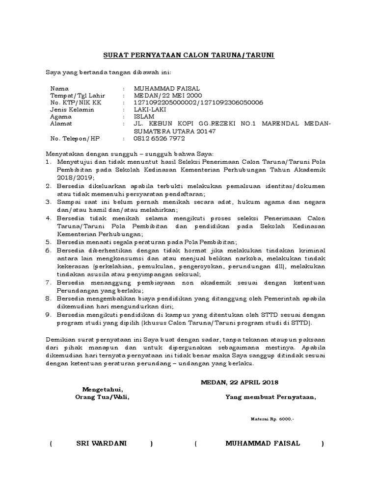Surat Pernyataan Calon Taruna Taruni Download Surat Pernyataan Calon TarunaTaruni Sekolah Kedinasan Tahun 2020 DISINI.