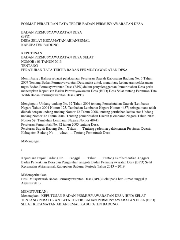 Format Peraturan Tata Tertib Badan Permusyawaratan Desa