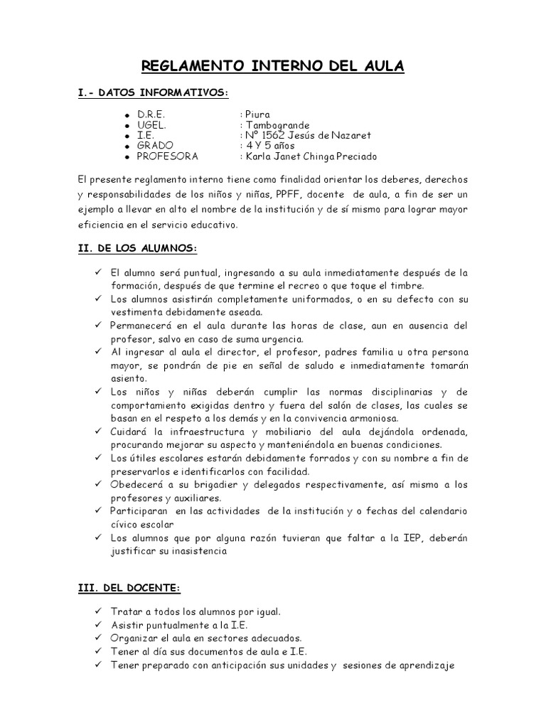 Reglamento Interno del Aula 1562 | PDF | Salón de clases | Maestros