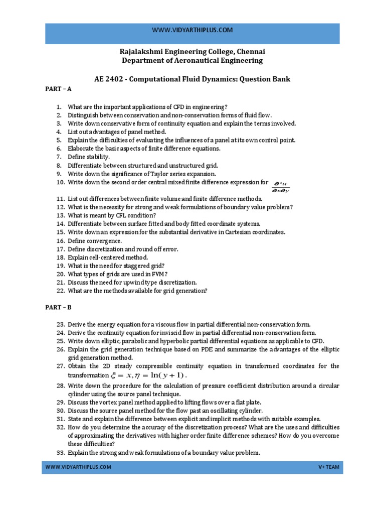 Computational Fluid Dynamics Question Bank from Rajalakshmi Engineering College's Department of