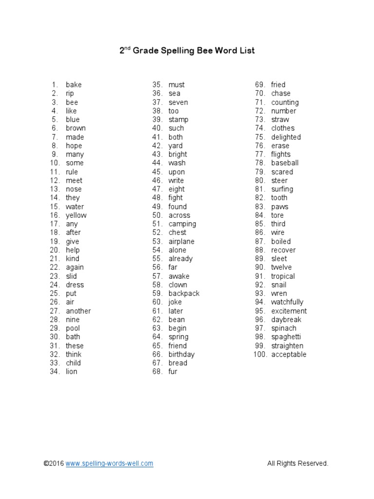 2nd Grade Spelling Bee List | PDF