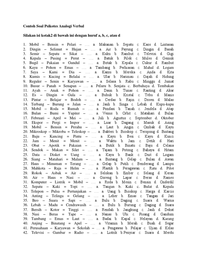Contoh Soal Psikotes Analogi Verbal