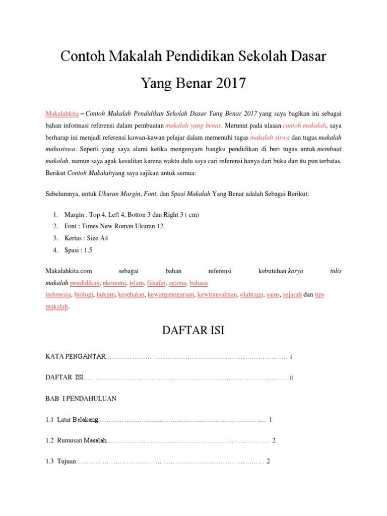 Contoh Makalah Pendidikan Sekolah Dasar Yang Benar 2017