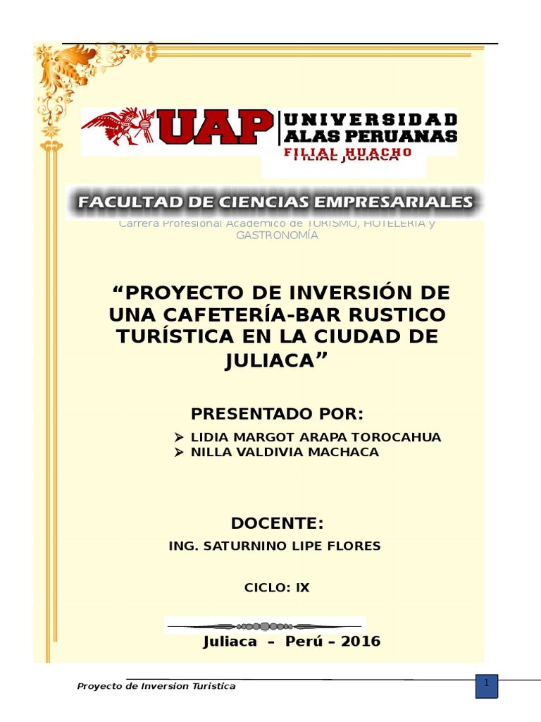 Proyecto de Inversion de Una Cafeteria BAR TURISTICO | PDF | Economias |  Negocios económicos