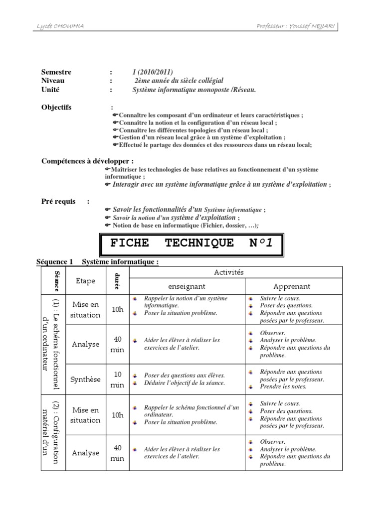 Fiche Pédagogique : Système Informatique | PDF | Périphérique ...