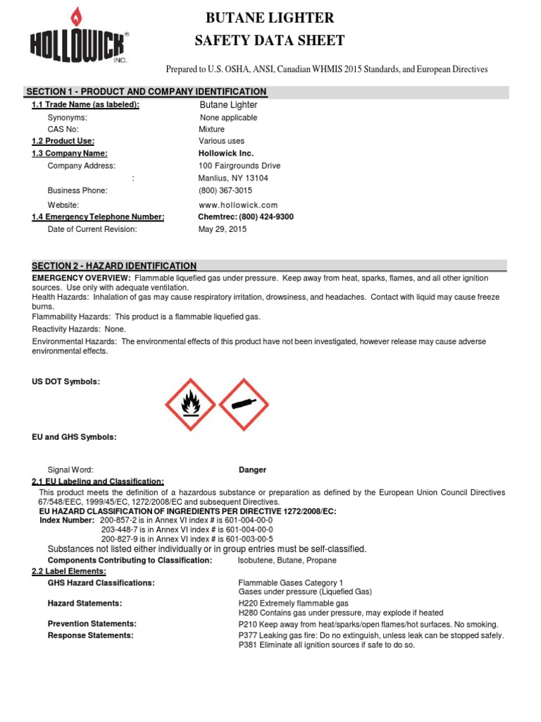 Butane Lighter Safety Data Sheet | PDF | Dangerous Goods