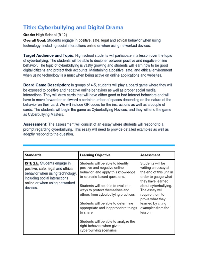 High School Cyberbullying Lesson | PDF | Cyberbullying | Educational ...