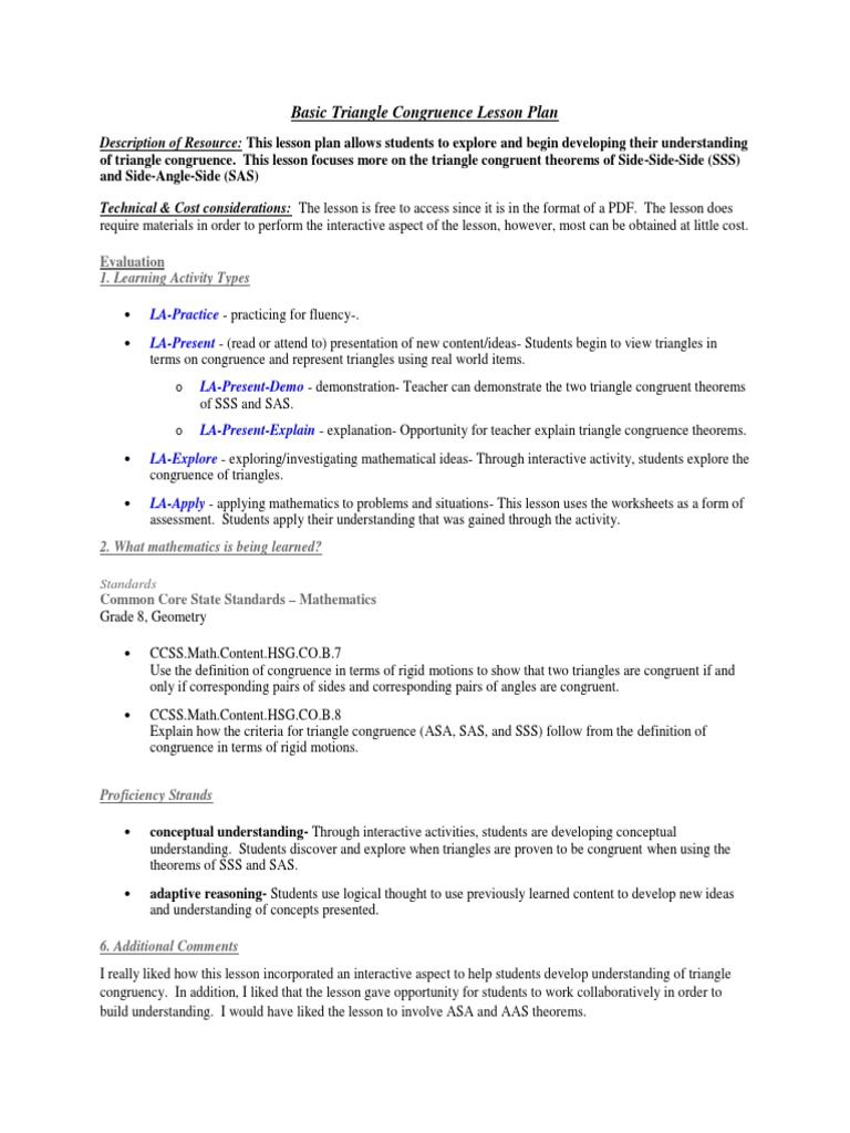 Basic Triangle Congruence Lesson Plan | PDF | Teaching | Education Theory