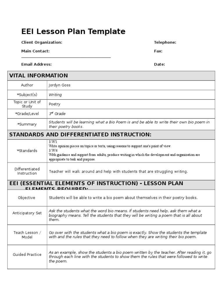 3rd Grade Bio Poem Lesson Plan | PDF | Lesson Plan | Teaching