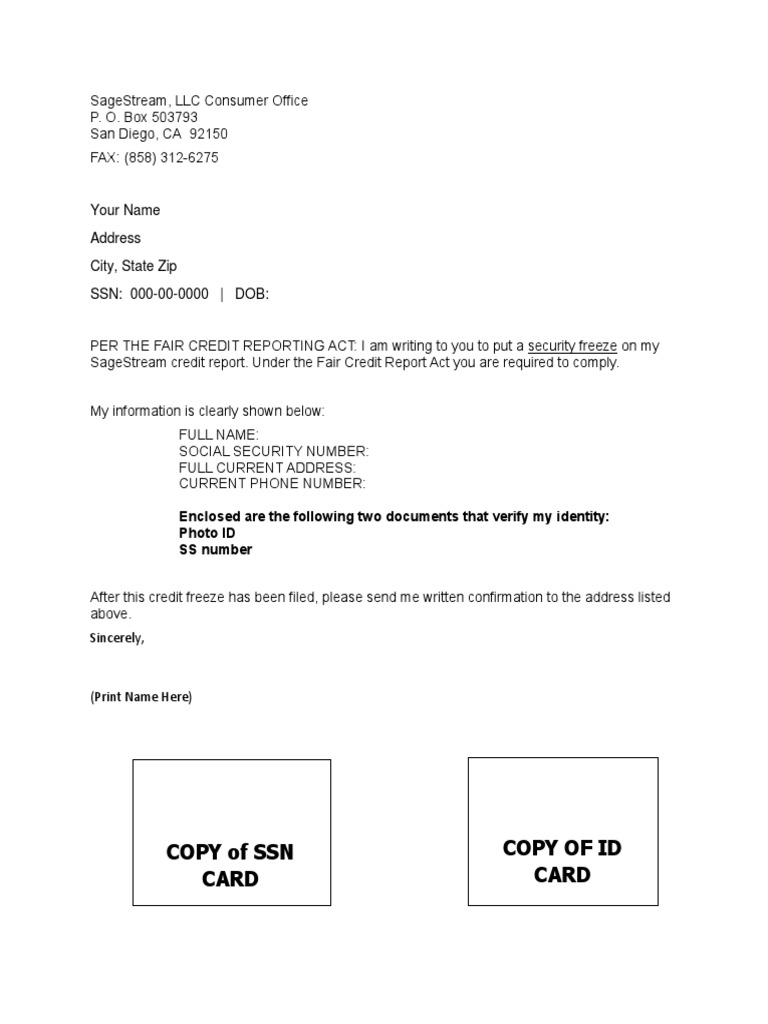 05 4 C Sagestream Freeze Letter Pdf Social Security Number Identity Document
