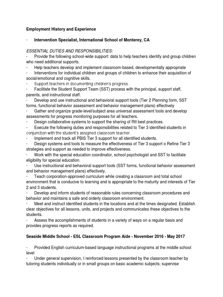 Employment History PDF Special Education Teachers