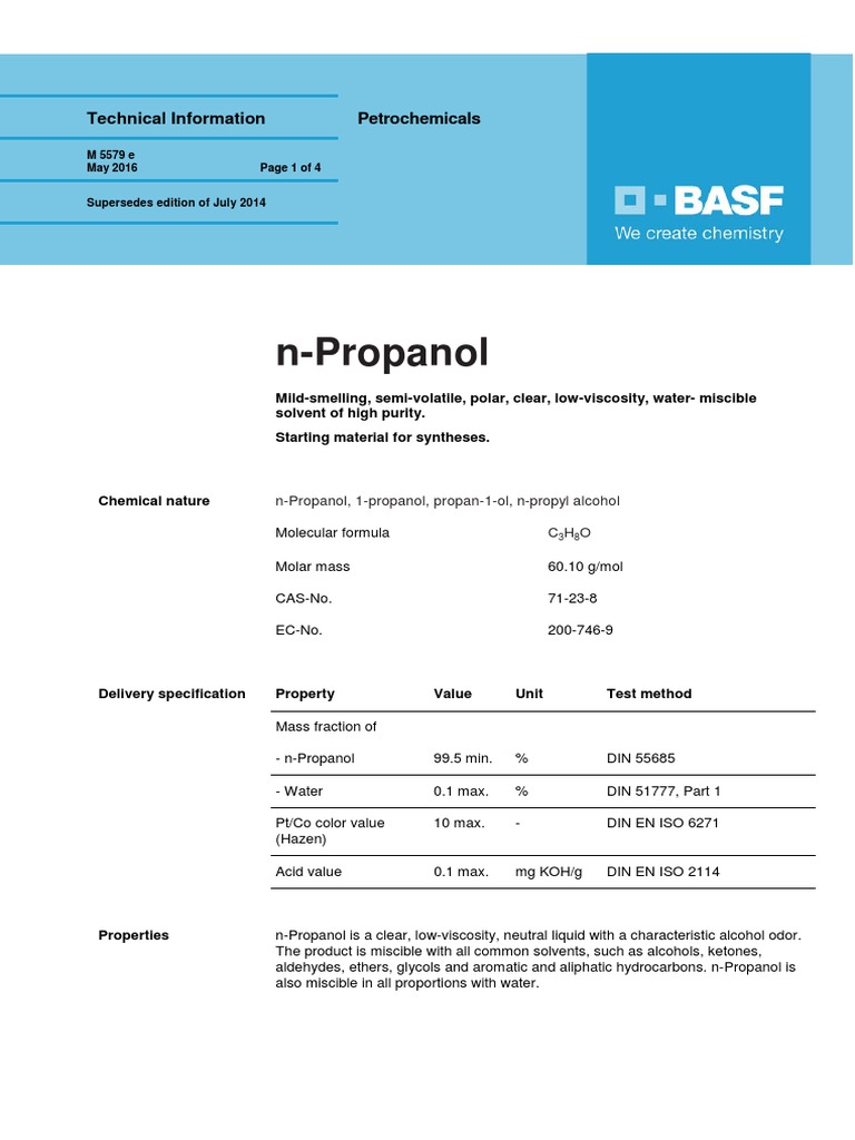 n-Propanol Technical Data Sheet | PDF | Solvent | Ether