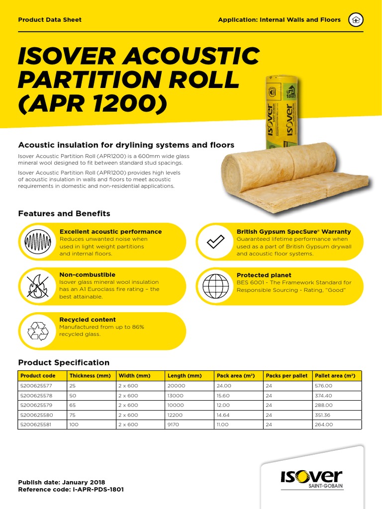 Datasheet Isover Acoustic Partition Roll Apr 1200 PDF