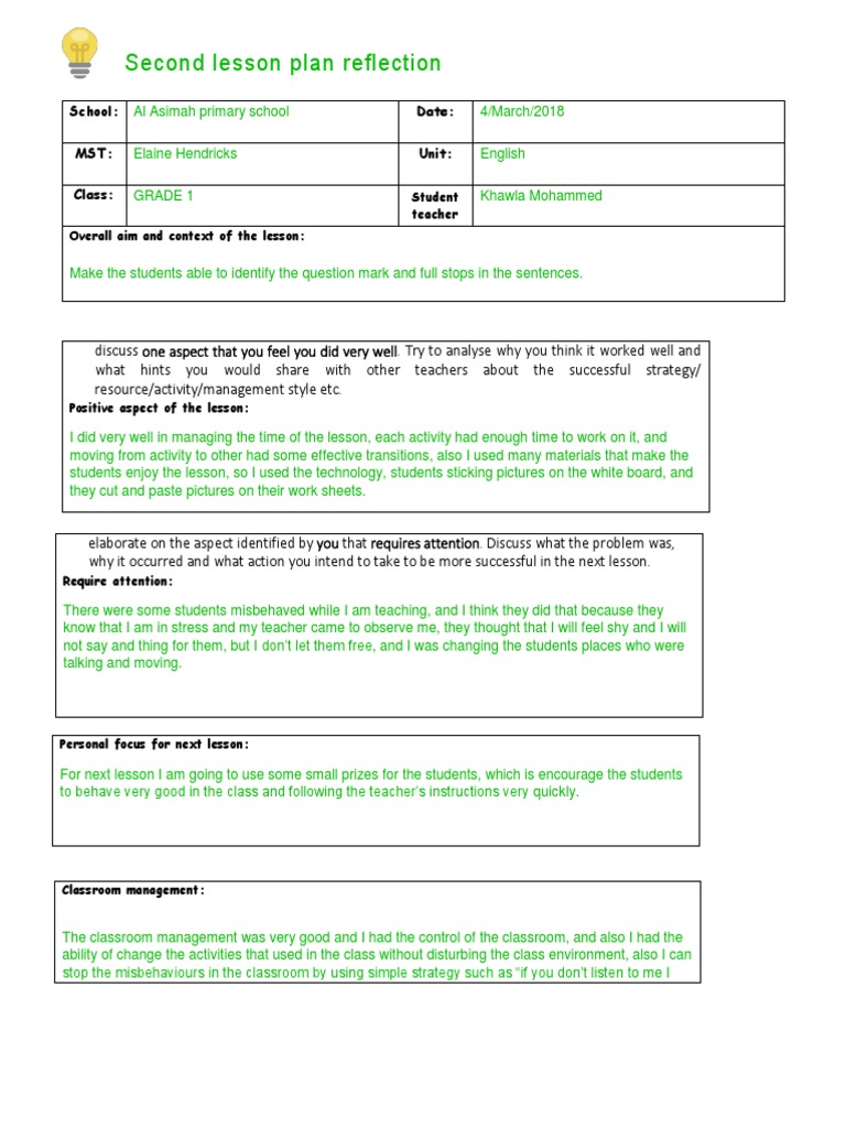 Second Lesson Plan Reflection: School: Date: MST: Unit: Class | PDF ...