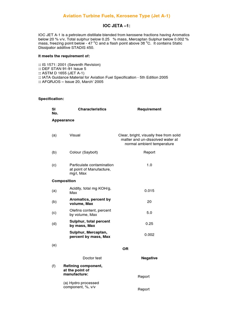 Aviation Turbine Fuels Kerosene Type Jet A 1 Ioc Jeta 1 Pdf
