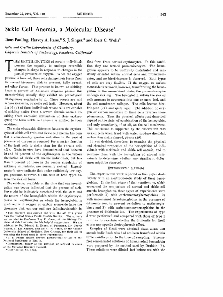 Sickle Cell Anemia A Molecular Disease PDF | PDF | Hemoglobin | Red ...