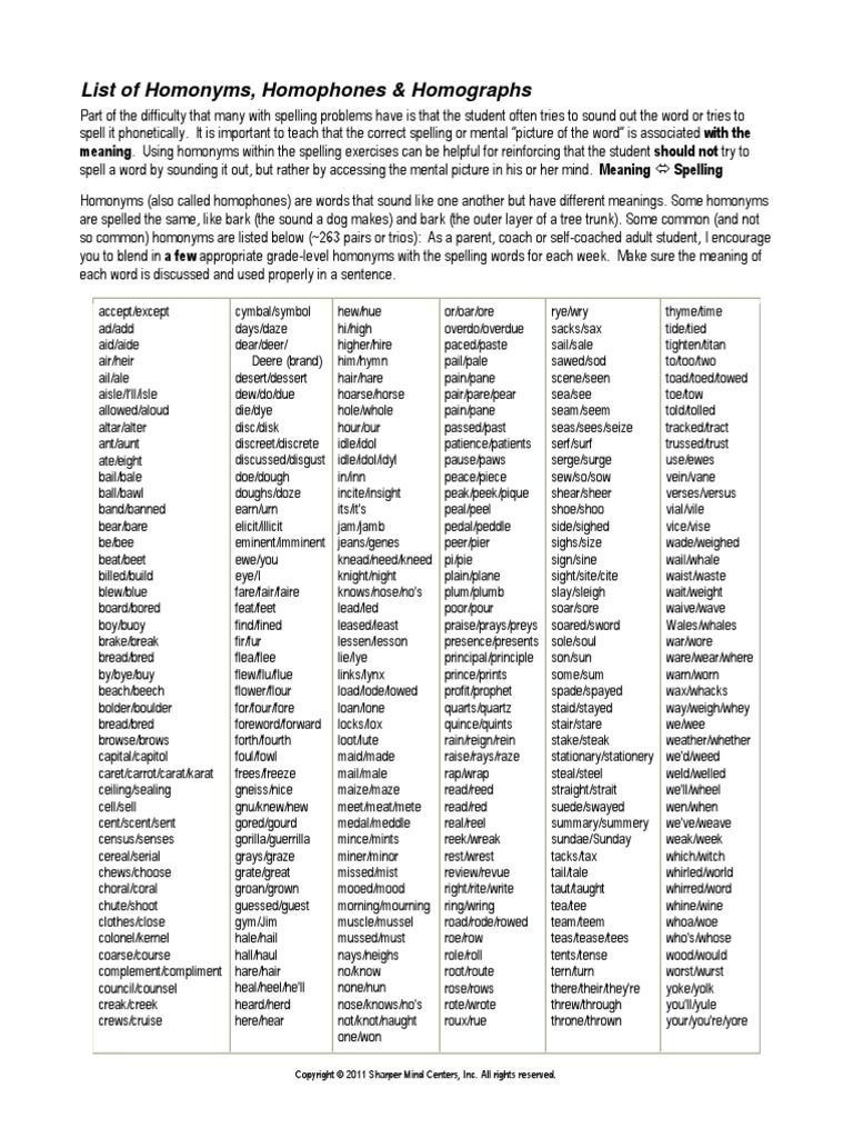 Homonyms, Homophones & Homographs | PDF | Nature