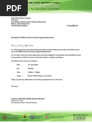 Invitation Letter to IISM a-Levels Teacher Appreciation Event 2018 IISMP