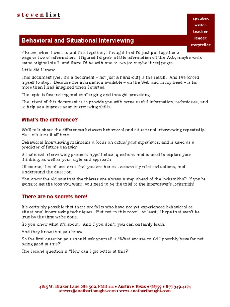 Behavioral and Situational Interviewing - P | PDF | Question | Interview