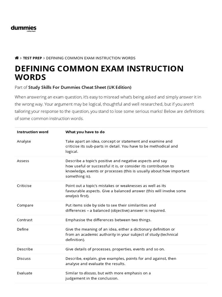 Defining Common Exam Instruction Words PDF Fraction (Mathematics