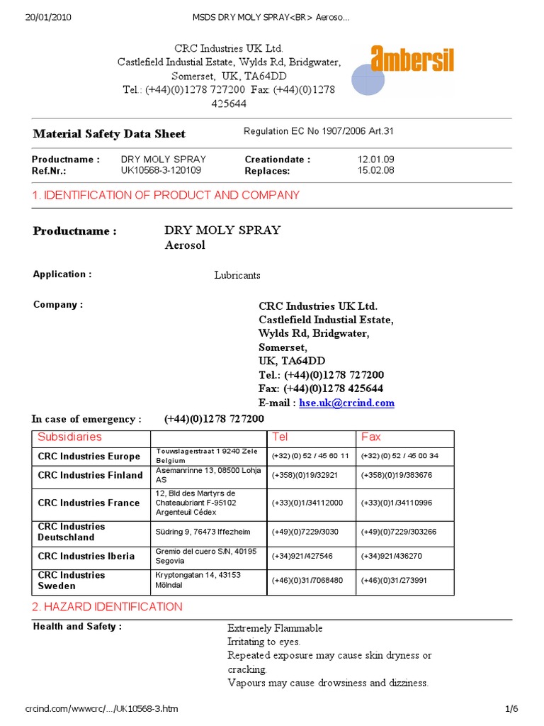 Dry Moly MSDS PDF Water Chemical Substances